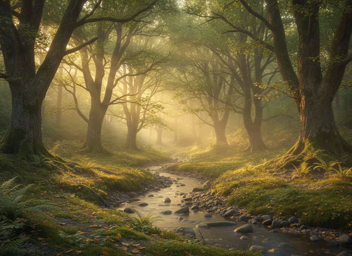 A serene, calm nature scene with soft natural light filtering through trees into a peaceful woodland clearing. Gentle greens and warm golden tones, misty and tranquil atmosphere. No people. Wide landscape format, suitable as a hero background image for a counselling website.